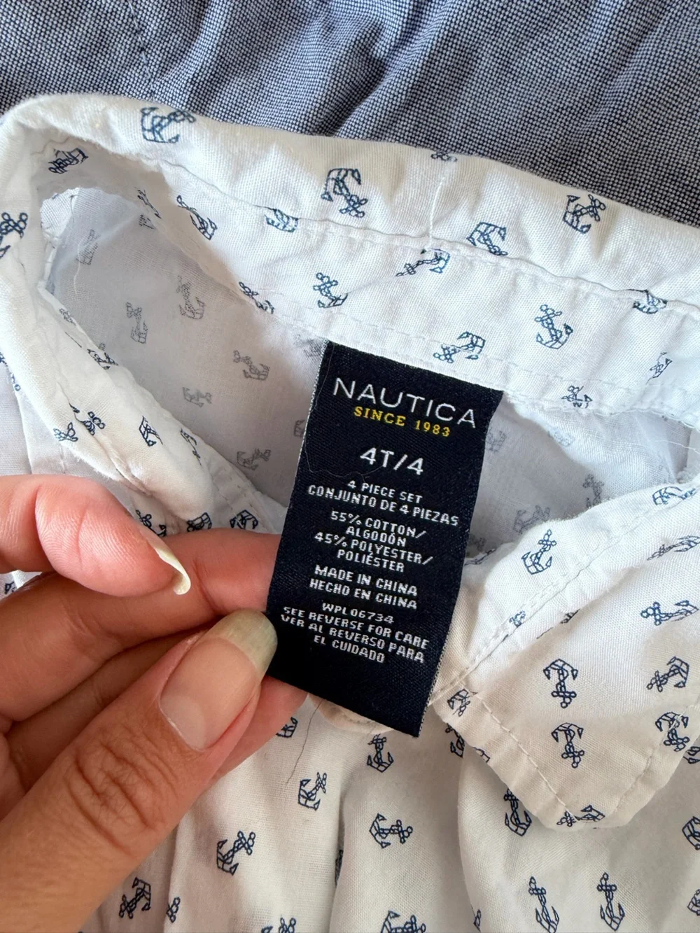 Nautica White Printed Button-Up, Blue Vest & Pants Set